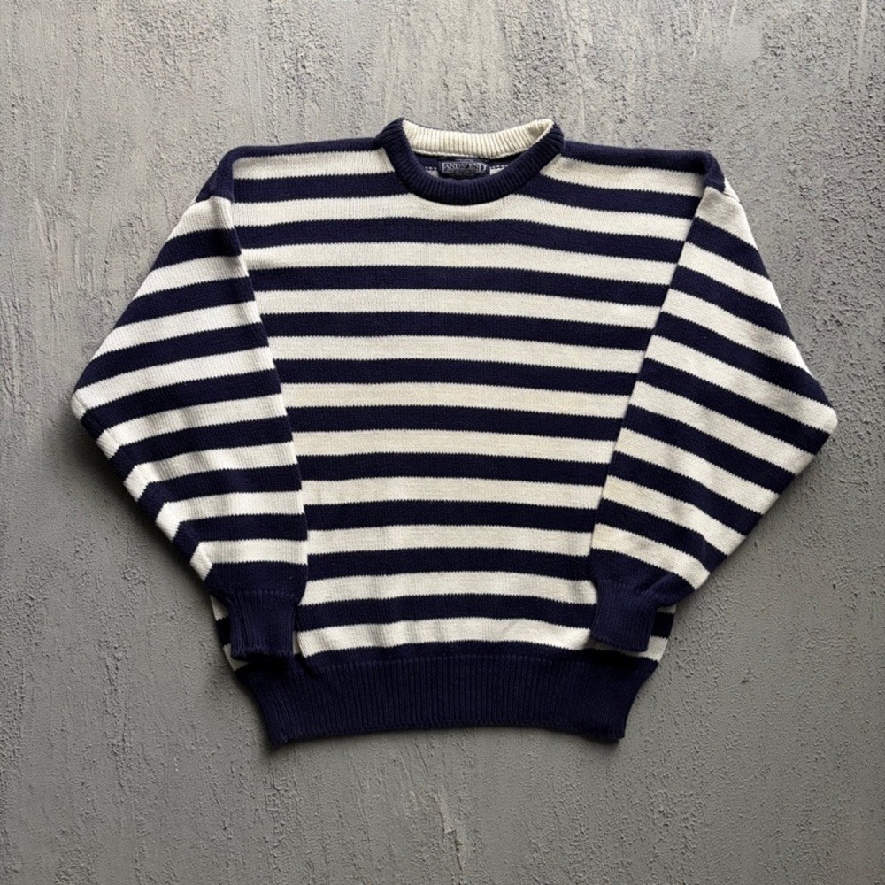 Vintage Lands End Sweater Women's Large Blue 1990s Striped Cotton Crewneck